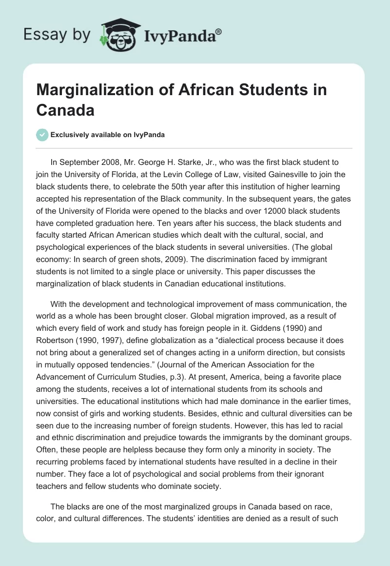 Marginalization of African Students in Canada. Page 1