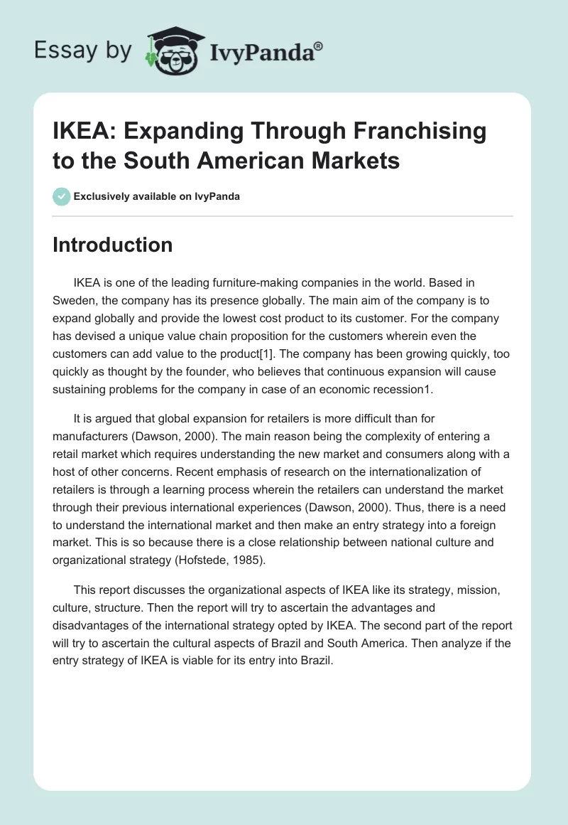 IKEA: Expanding Through Franchising to the South American Markets. Page 1
