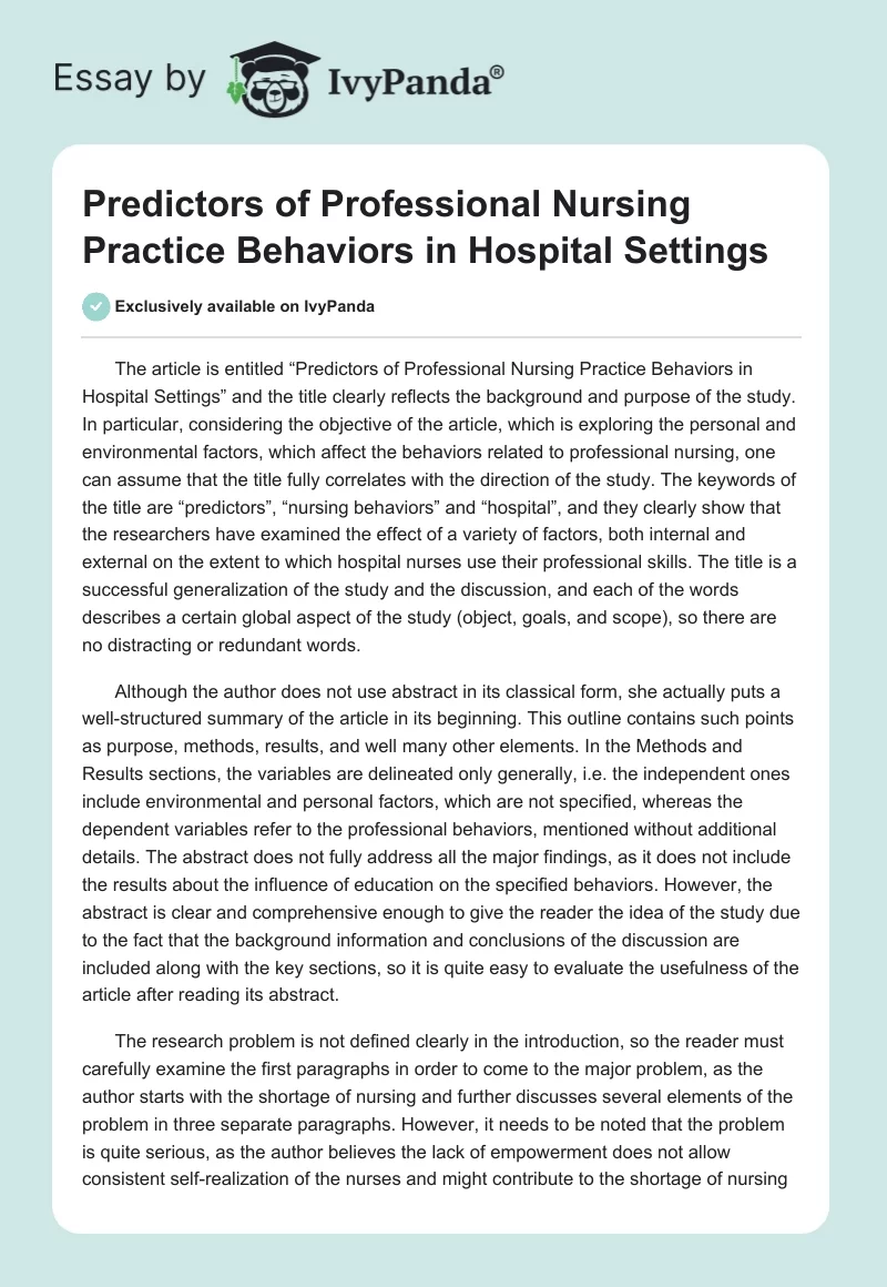Predictors of Professional Nursing Practice Behaviors in Hospital Settings. Page 1