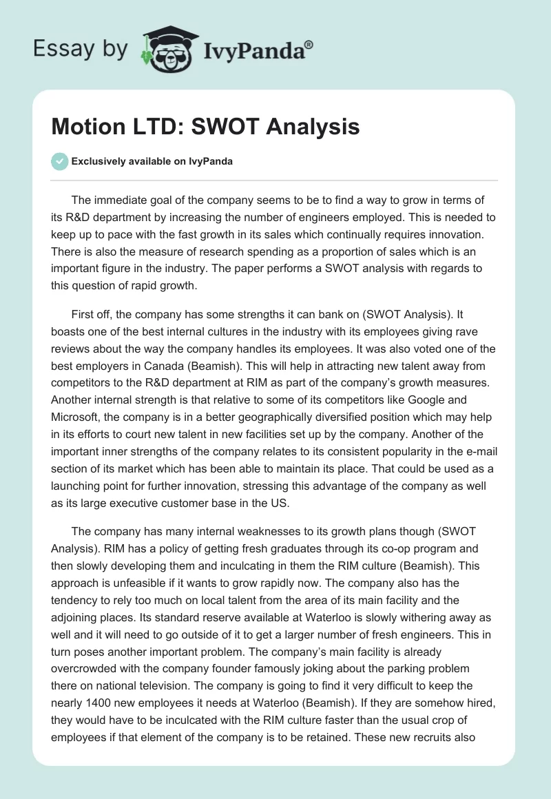 Motion LTD: SWOT Analysis. Page 1