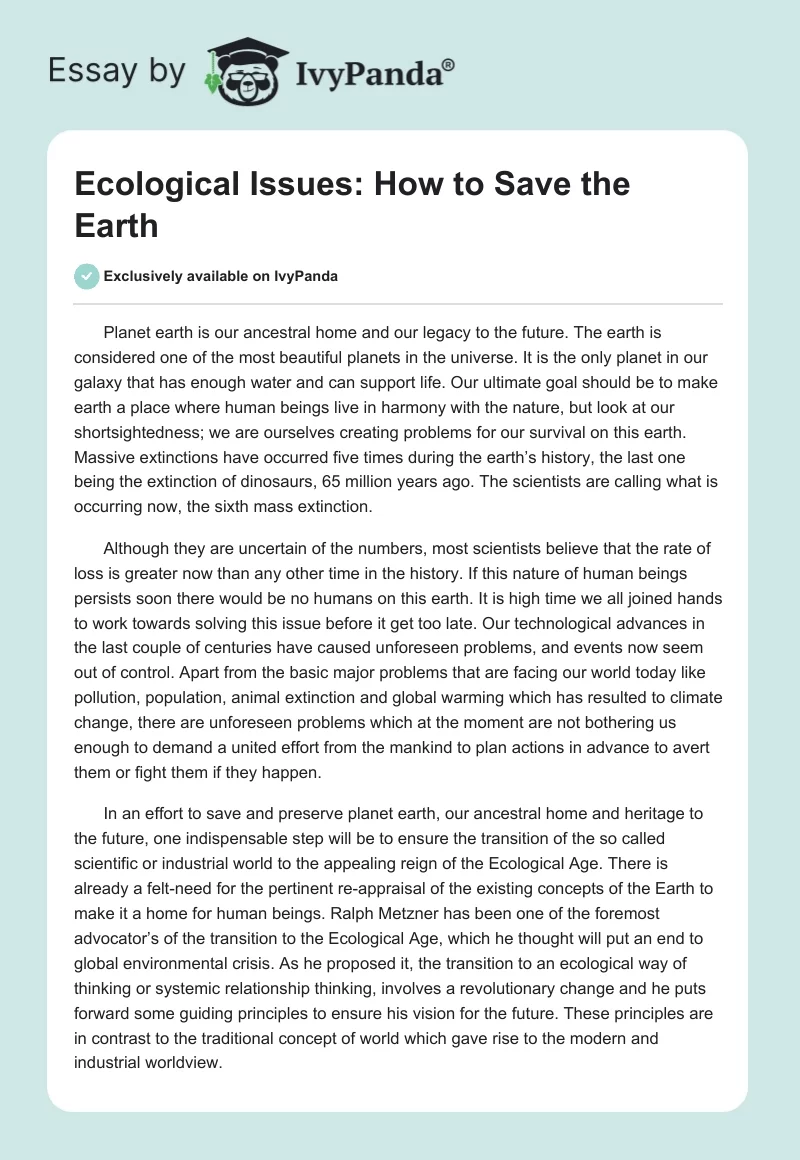 Ecological Issues: How to Save the Earth. Page 1