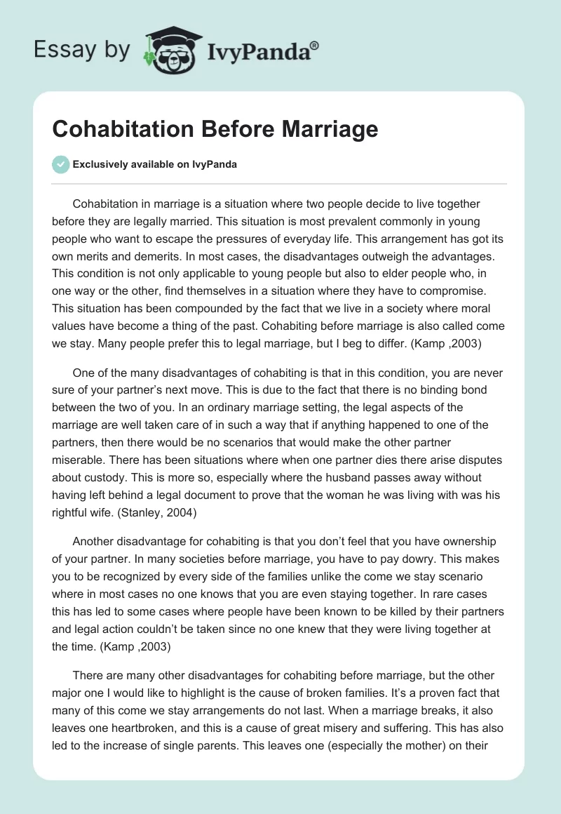 Cohabitation Before Marriage. Page 1