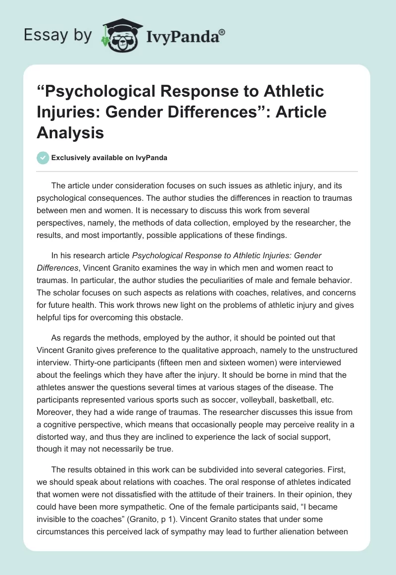 “Psychological Response to Athletic Injuries: Gender Differences”: Article Analysis. Page 1