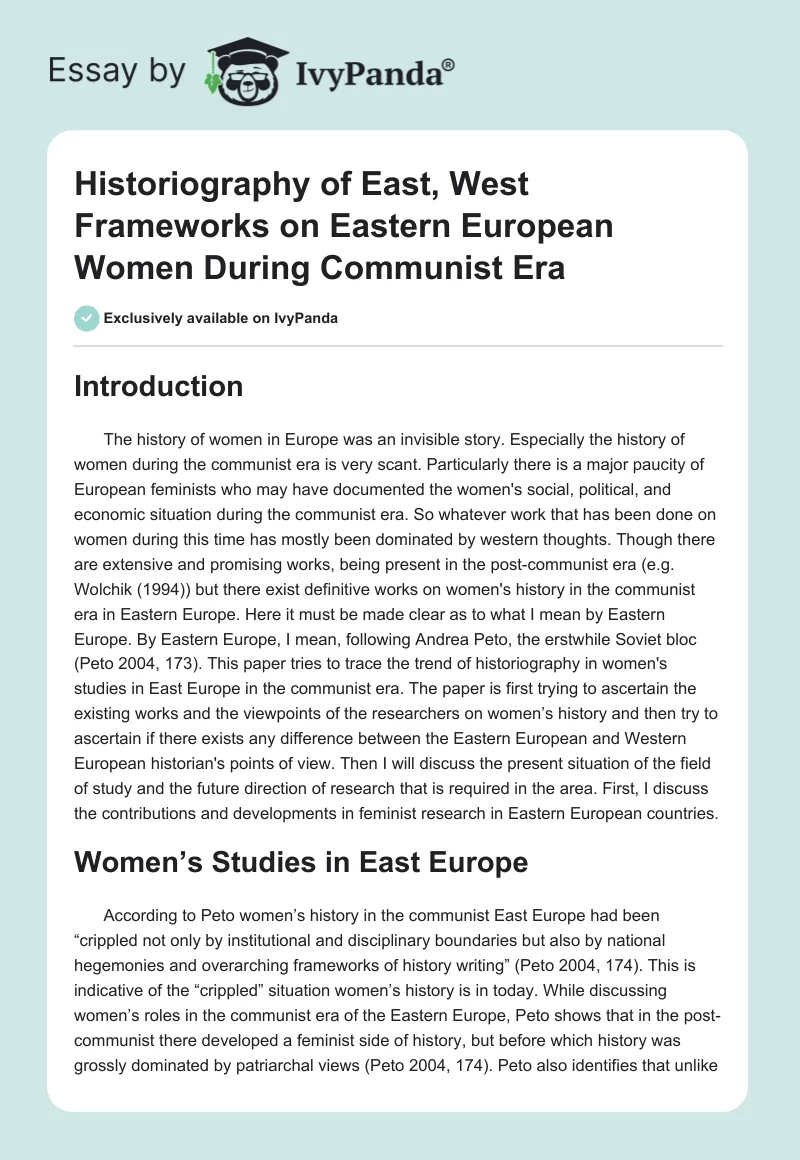 Historiography of East, West Frameworks on Eastern European Women During Communist Era. Page 1