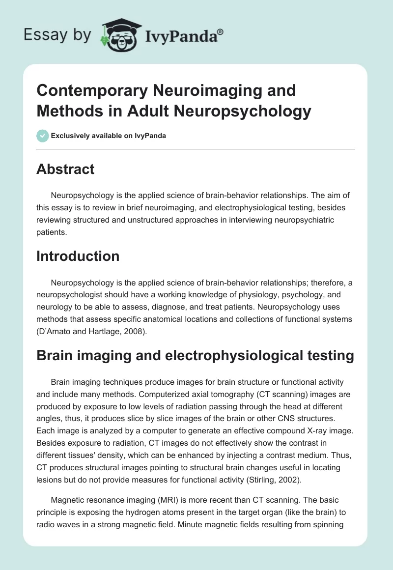 Contemporary Neuroimaging and Methods in Adult Neuropsychology. Page 1
