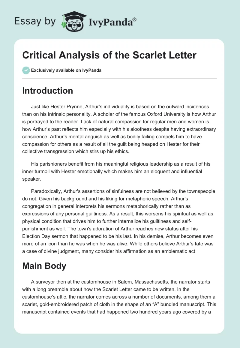 Critical Analysis of The Scarlet Letter. Page 1