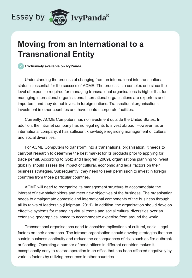 Moving from an International to a Transnational Entity. Page 1