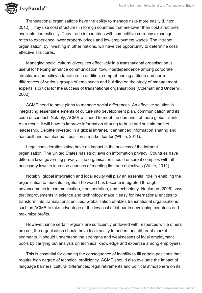 Moving from an International to a Transnational Entity. Page 2