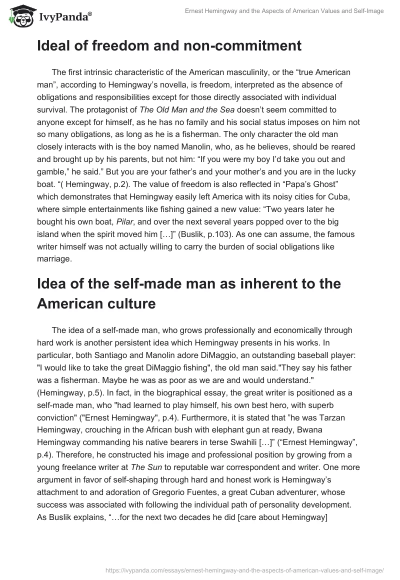 Ernest Hemingway and the Aspects of American Values and Self-Image. Page 2