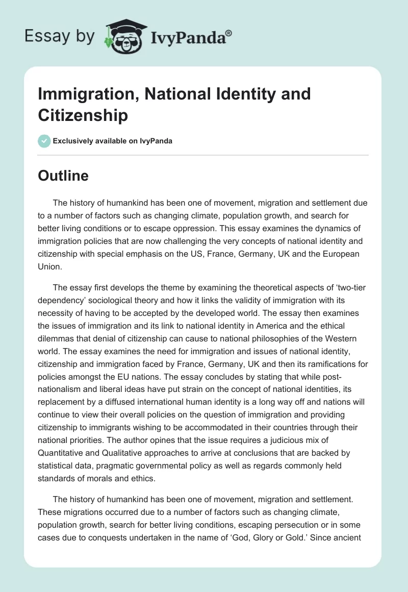 Immigration, National Identity and Citizenship. Page 1