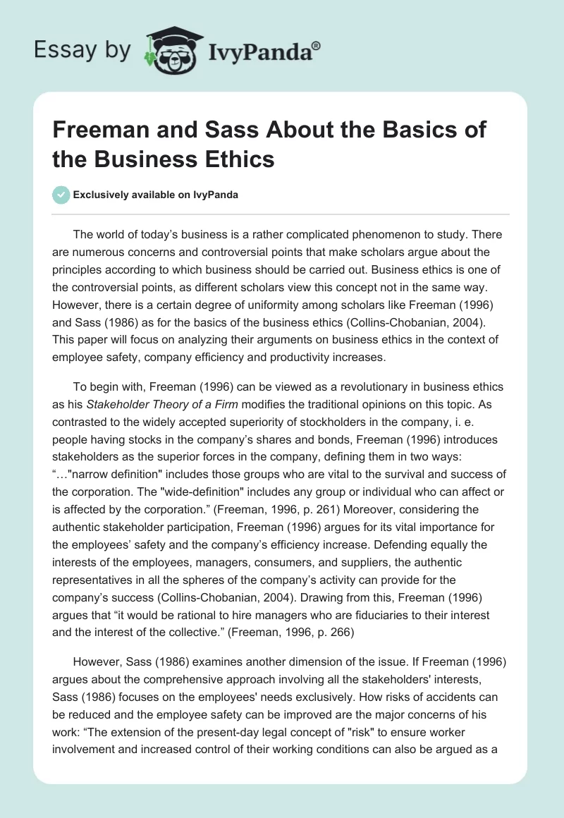 Freeman and Sass About the Basics of the Business Ethics. Page 1