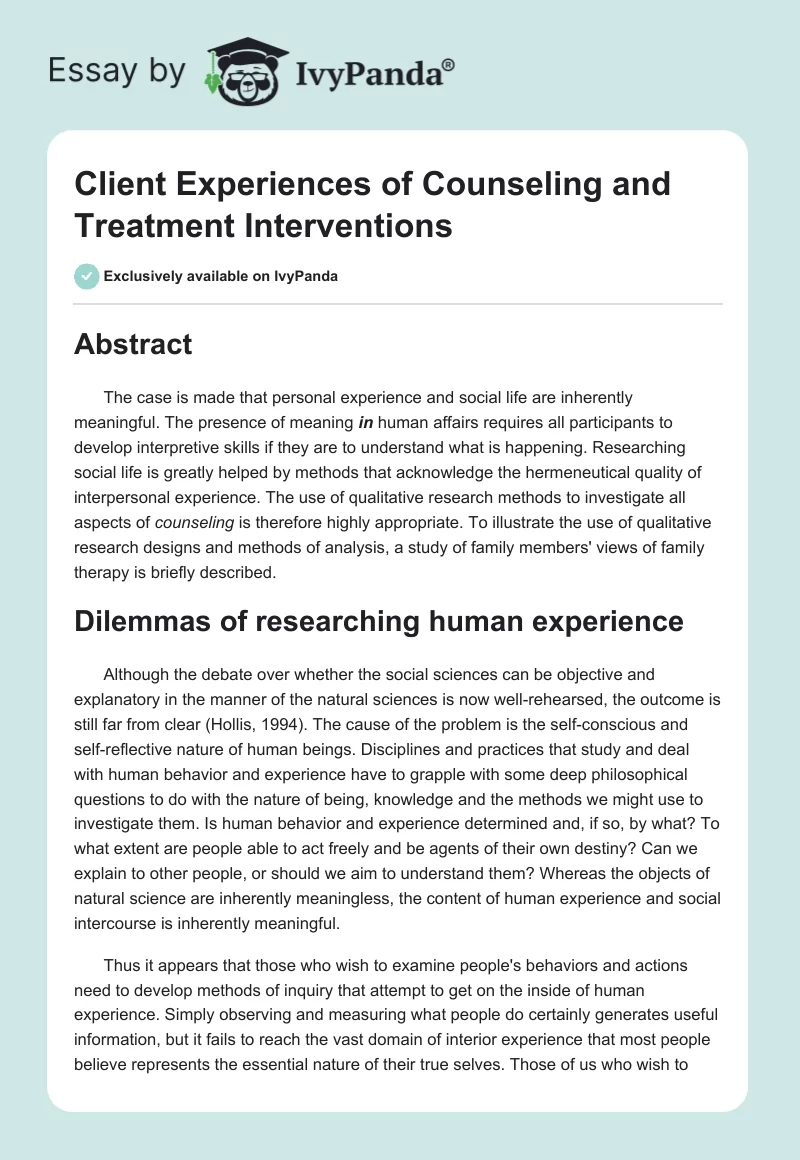 Client Experiences of Counseling and Treatment Interventions. Page 1