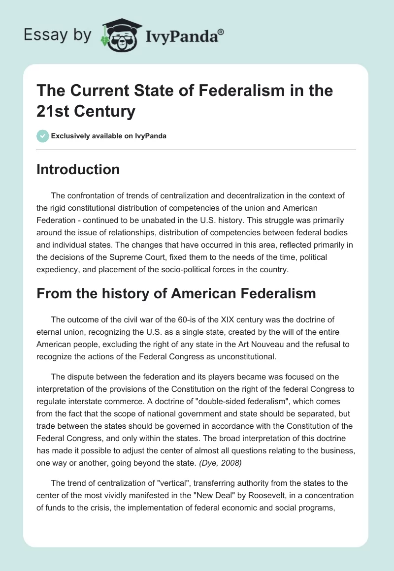The Current State of Federalism in the 21st Century. Page 1