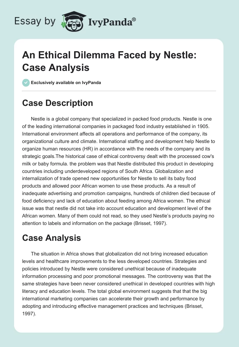 An Ethical Dilemma Faced by Nestle: Case Analysis. Page 1