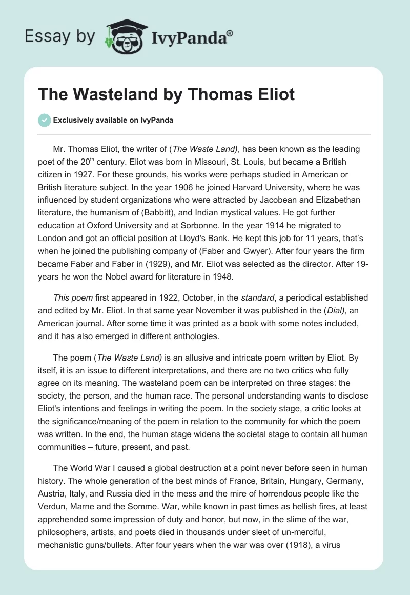 "The Wasteland" by Thomas Eliot. Page 1