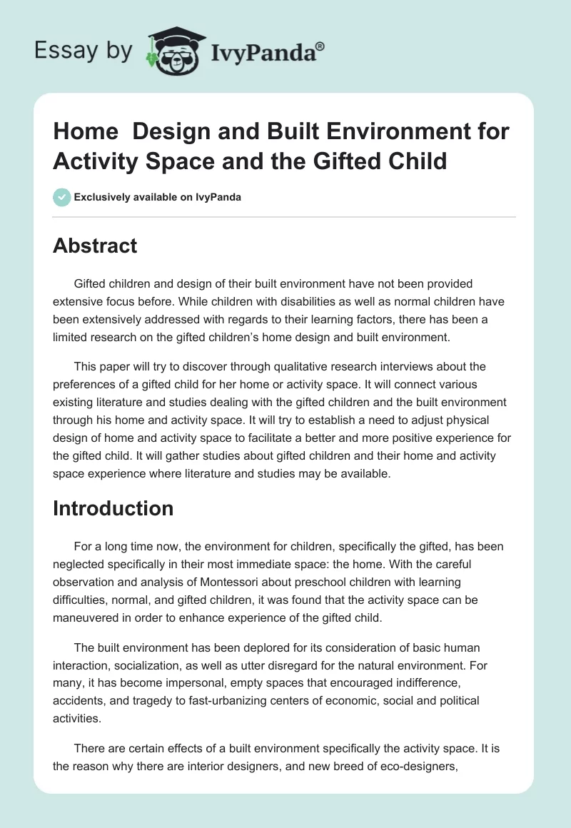 Home  Design and Built Environment for Activity Space and the Gifted Child. Page 1