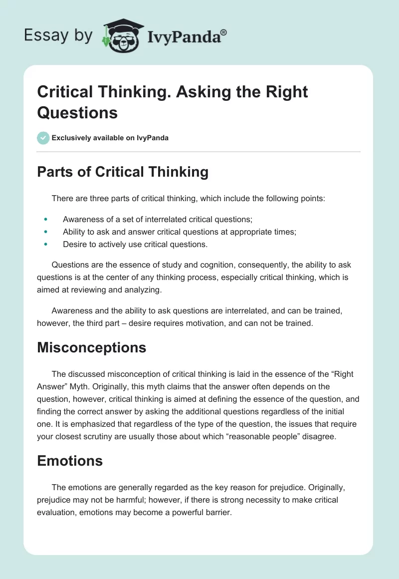 Critical Thinking. Asking the Right Questions. Page 1