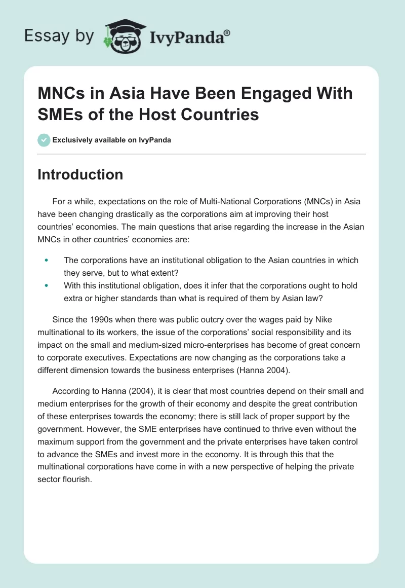 MNCs in Asia Have Been Engaged With SMEs of the Host Countries. Page 1