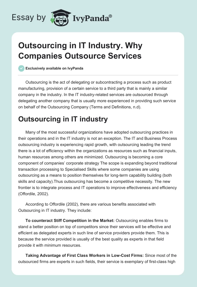 Outsourcing in IT Industry. Why Companies Outsource Services. Page 1