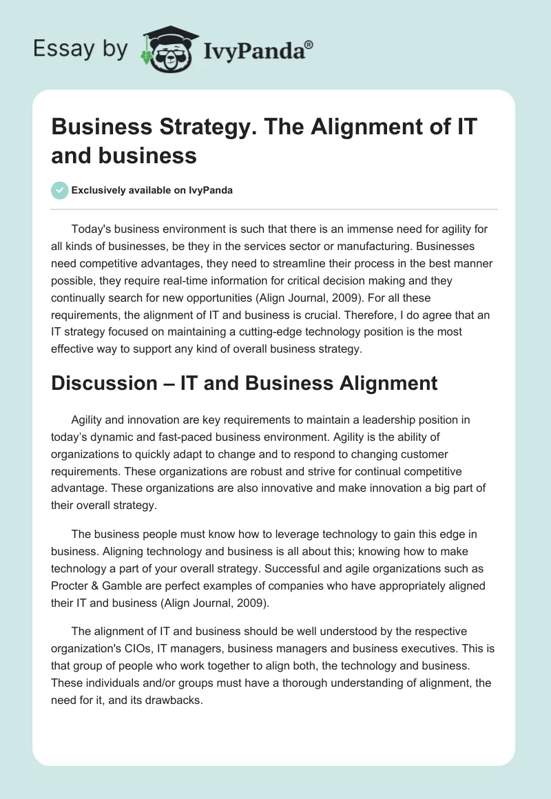 Business Strategy. The Alignment of IT and business. Page 1