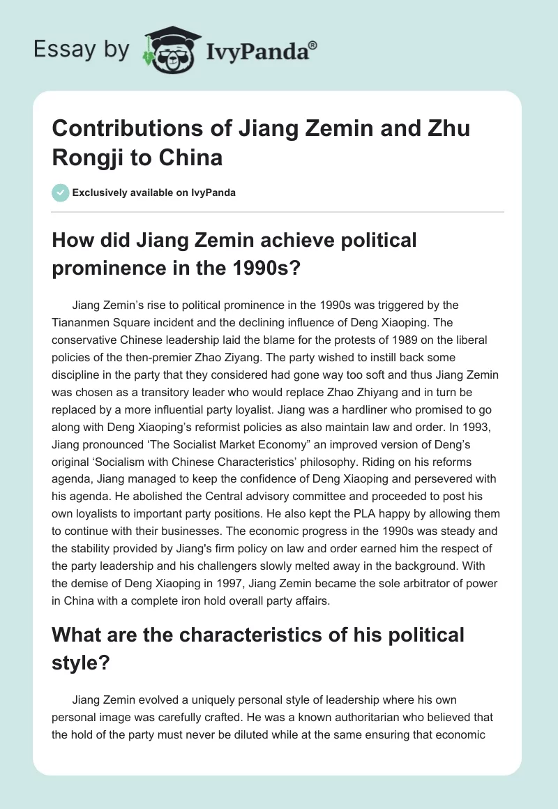 Contributions of Jiang Zemin and Zhu Rongji to China. Page 1