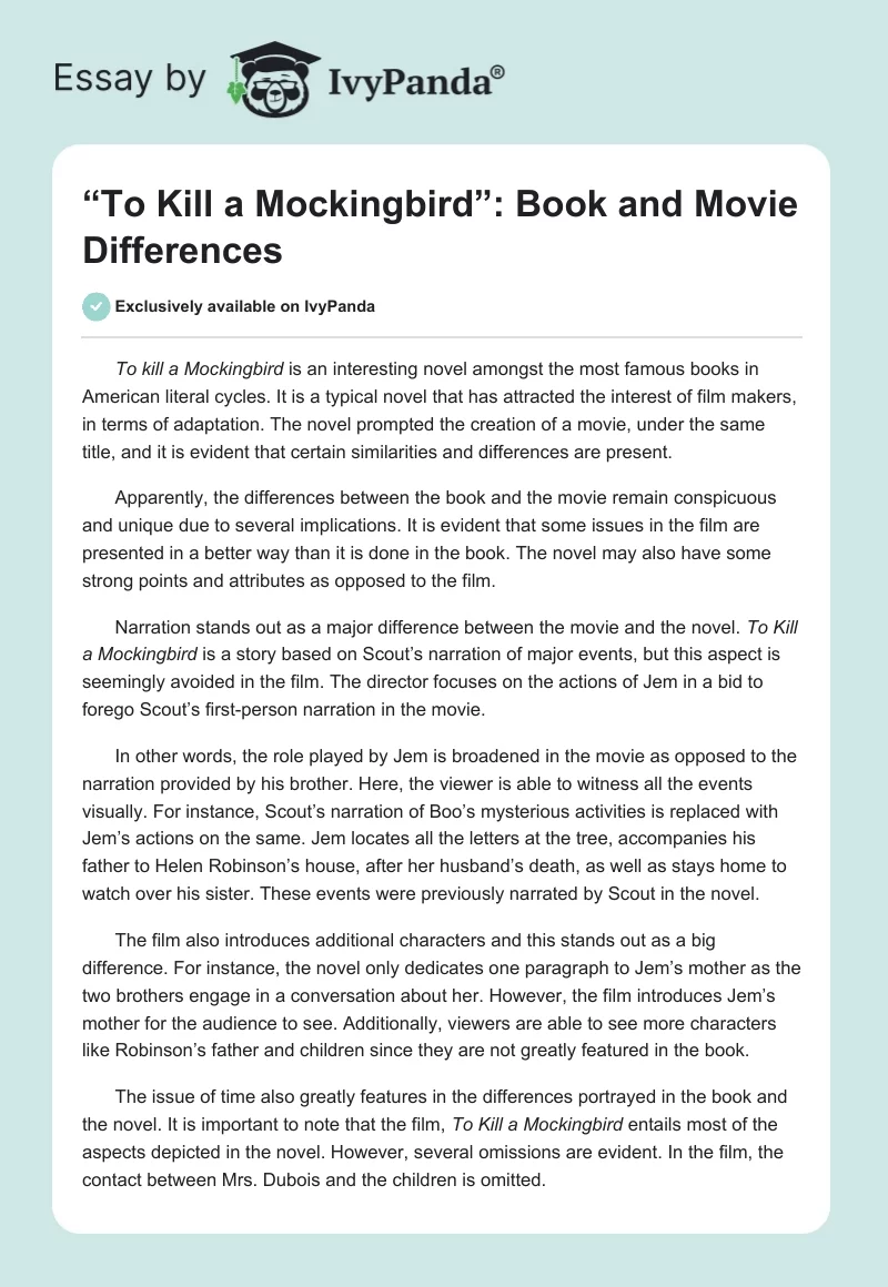 “To Kill a Mockingbird”: Book and Movie Differences. Page 1