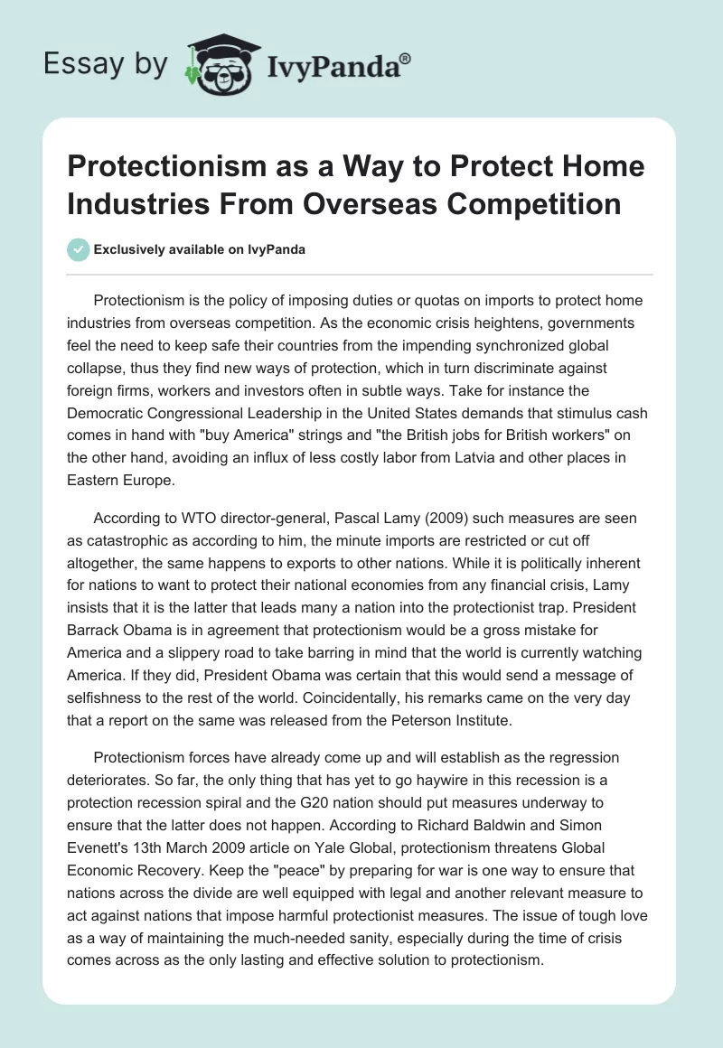 Protectionism as a Way to Protect Home Industries From Overseas Competition. Page 1