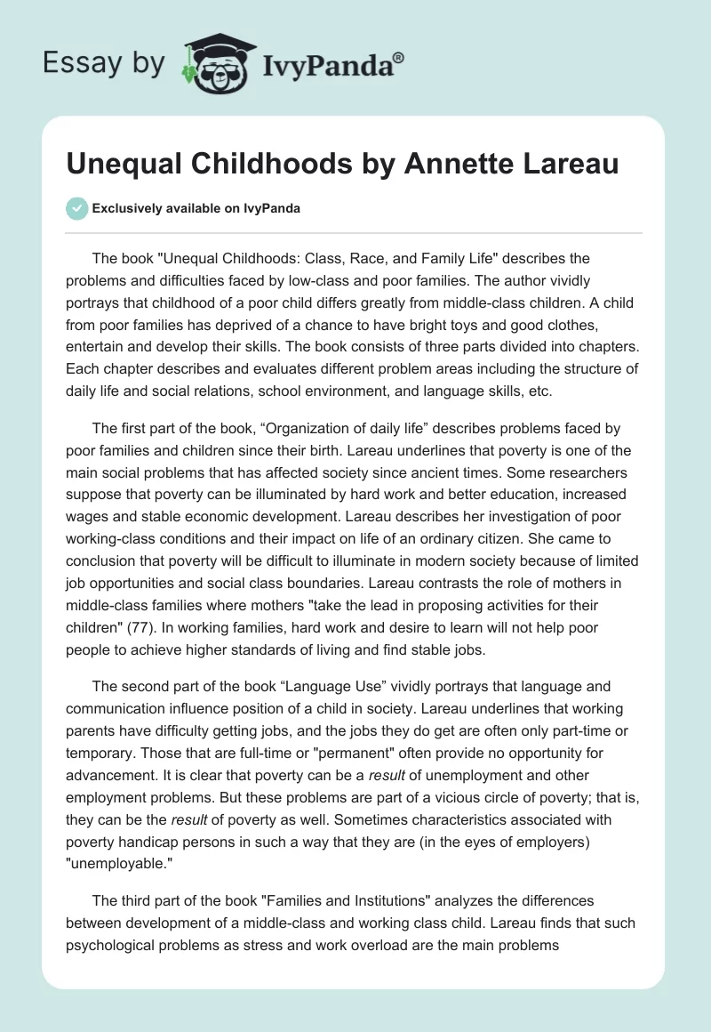 "Unequal Childhoods" by Annette Lareau. Page 1