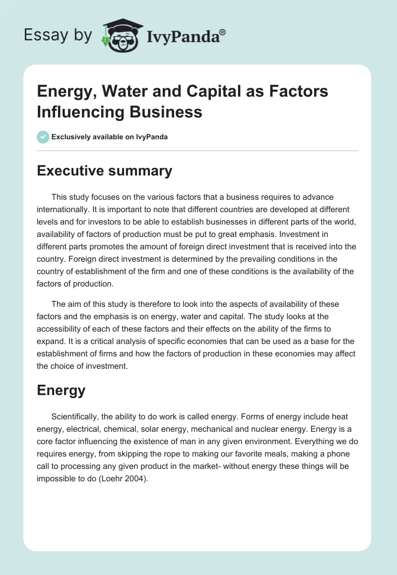 Energy, Water and Capital as Factors Influencing Business. Page 1