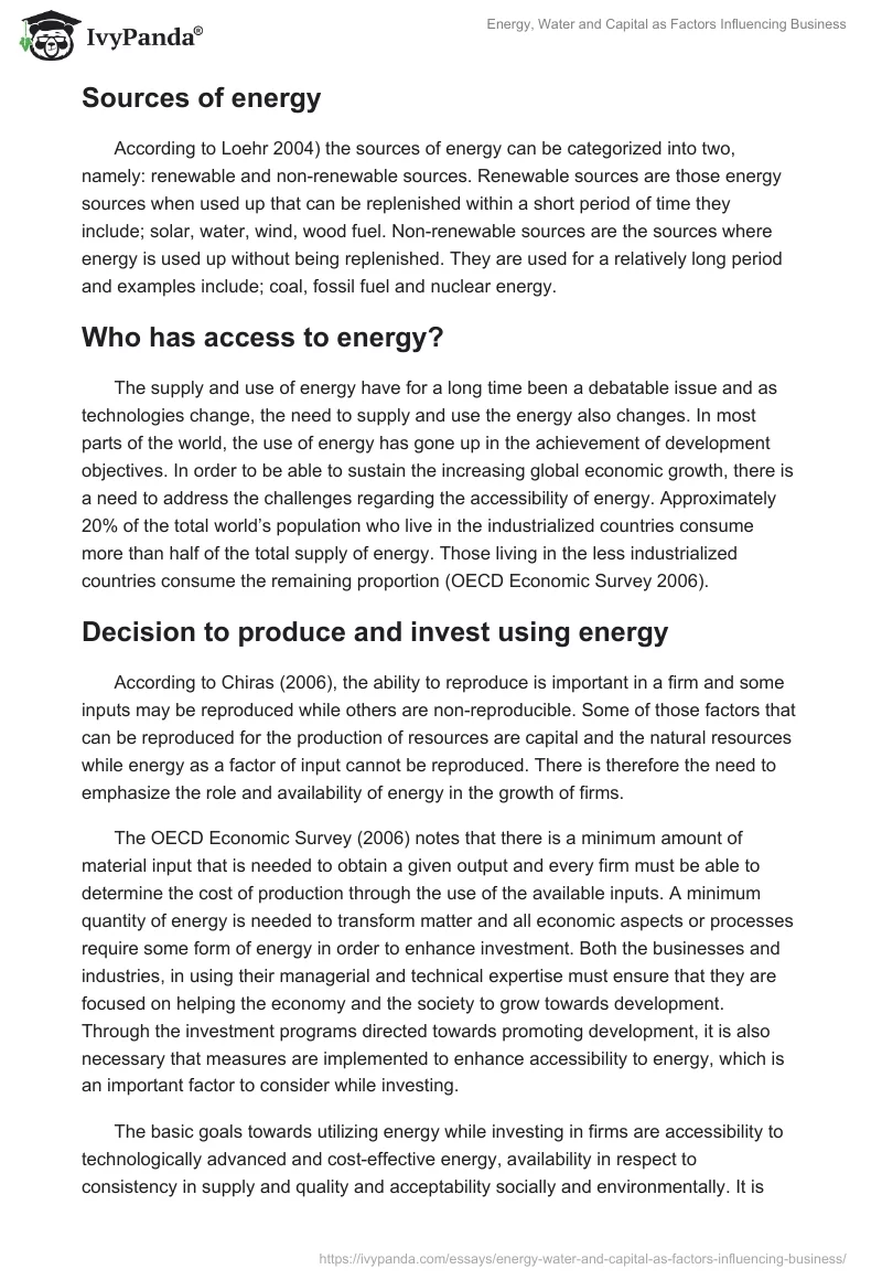 Energy, Water and Capital as Factors Influencing Business. Page 2