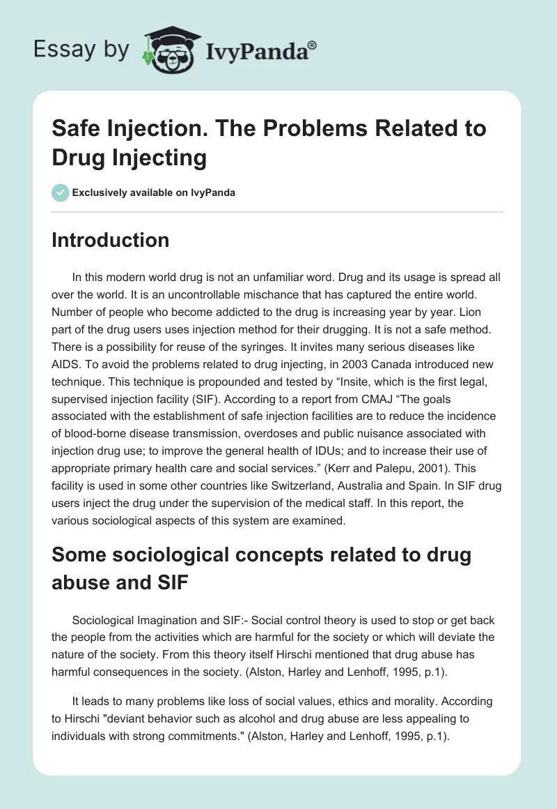 Safe Injection. The Problems Related to Drug Injecting. Page 1