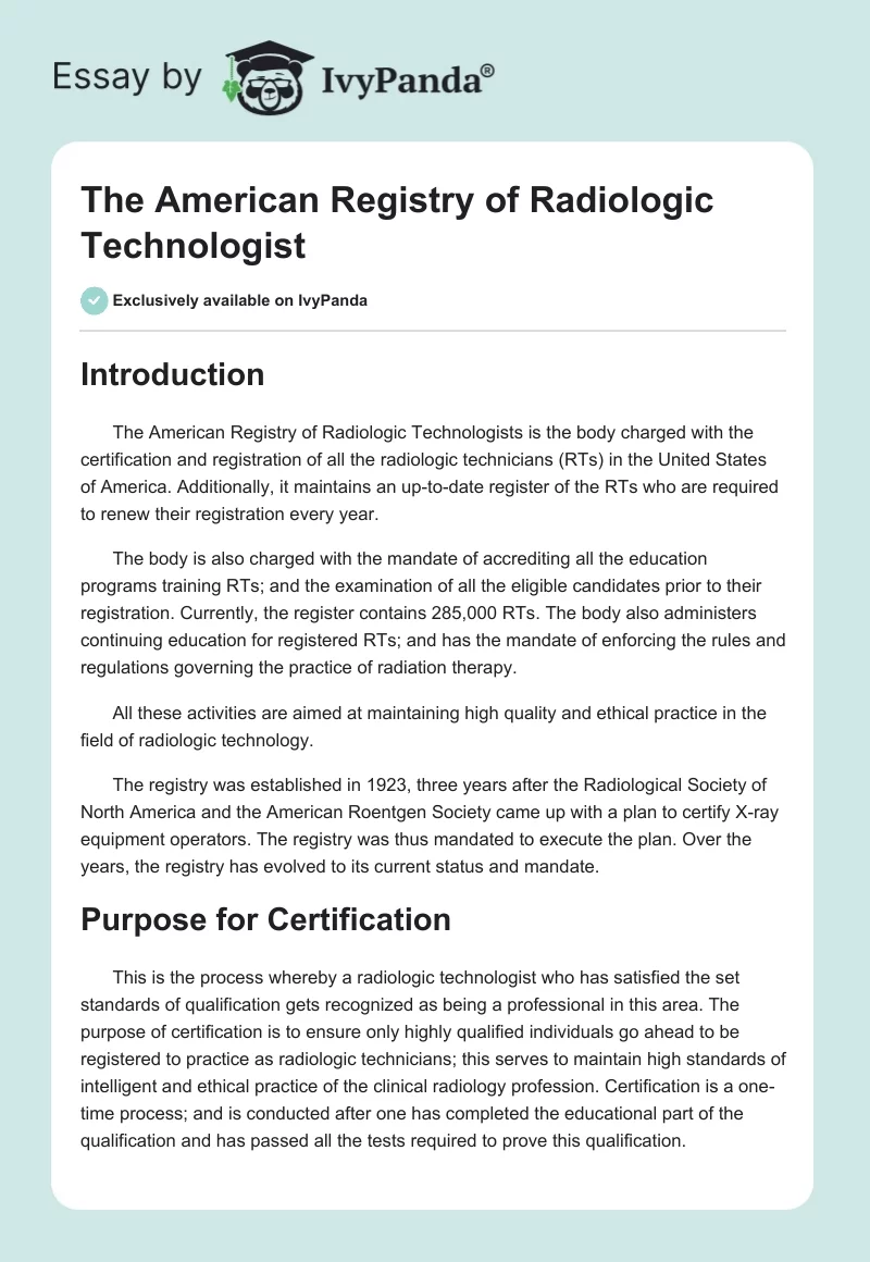 The American Registry of Radiologic Technologist. Page 1