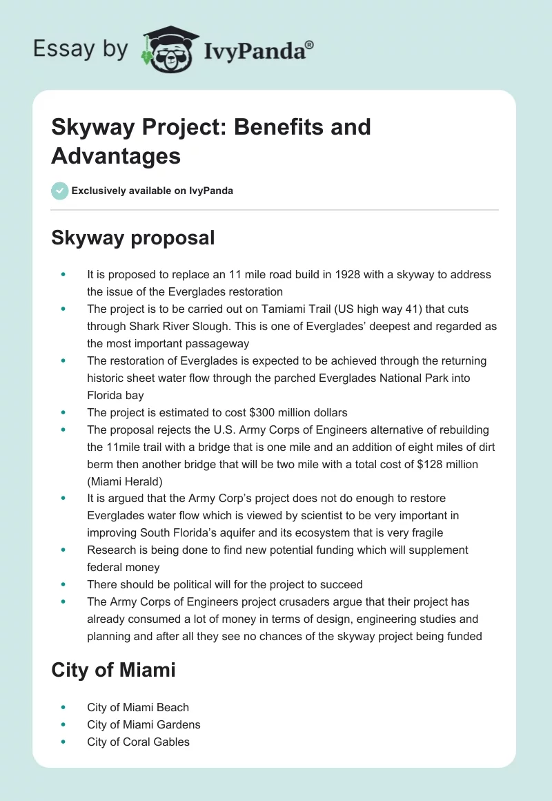 Skyway Project: Benefits and Advantages. Page 1