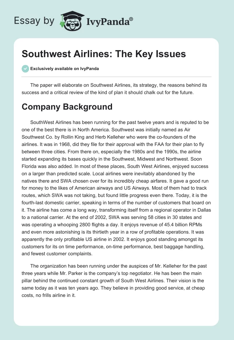 Southwest Airlines: The Key Issues. Page 1