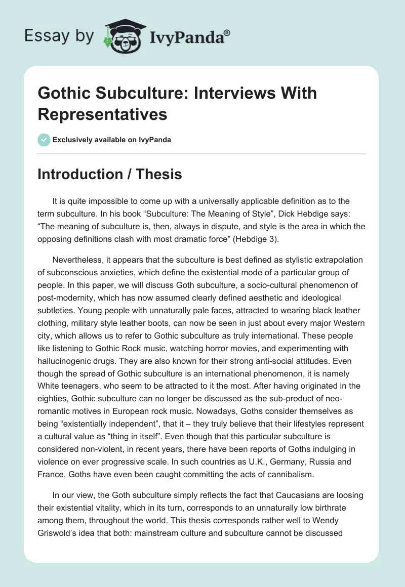 Gothic Subculture: Interviews With Representatives. Page 1