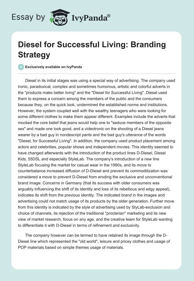 Diesel for Successful Living: Branding Strategy. Page 1