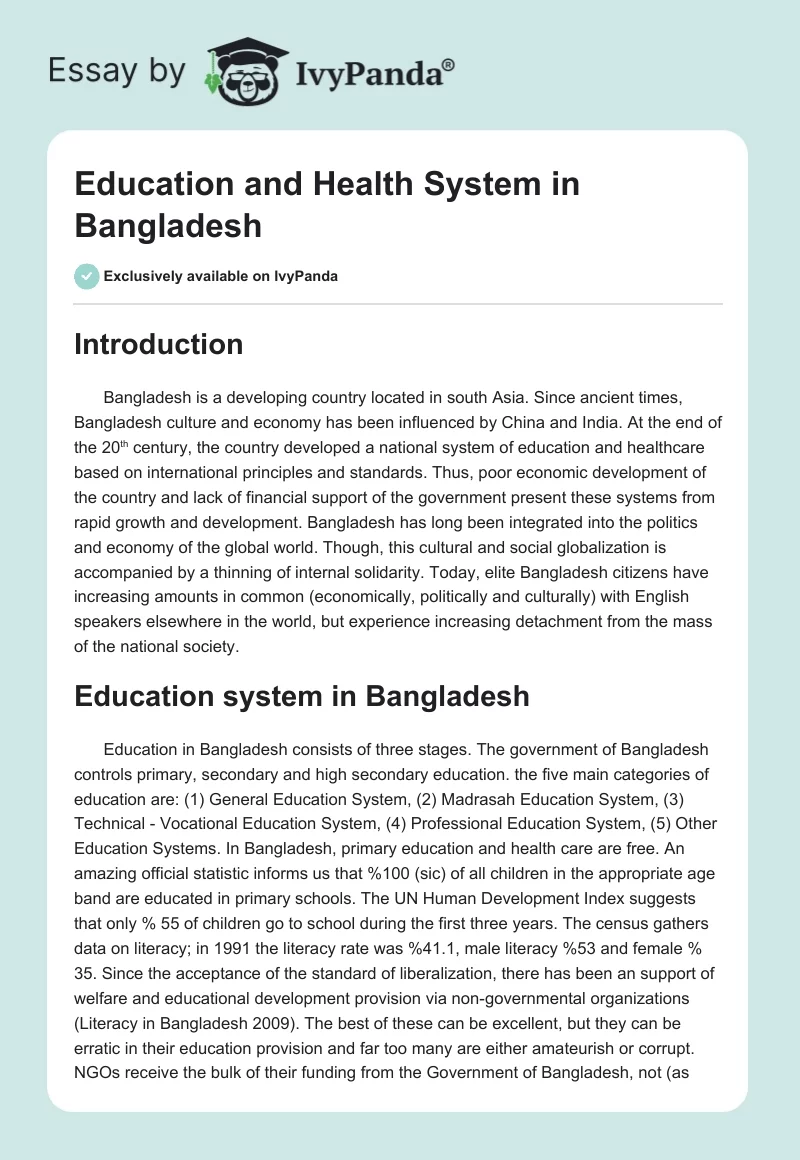 Education and Health System in Bangladesh. Page 1