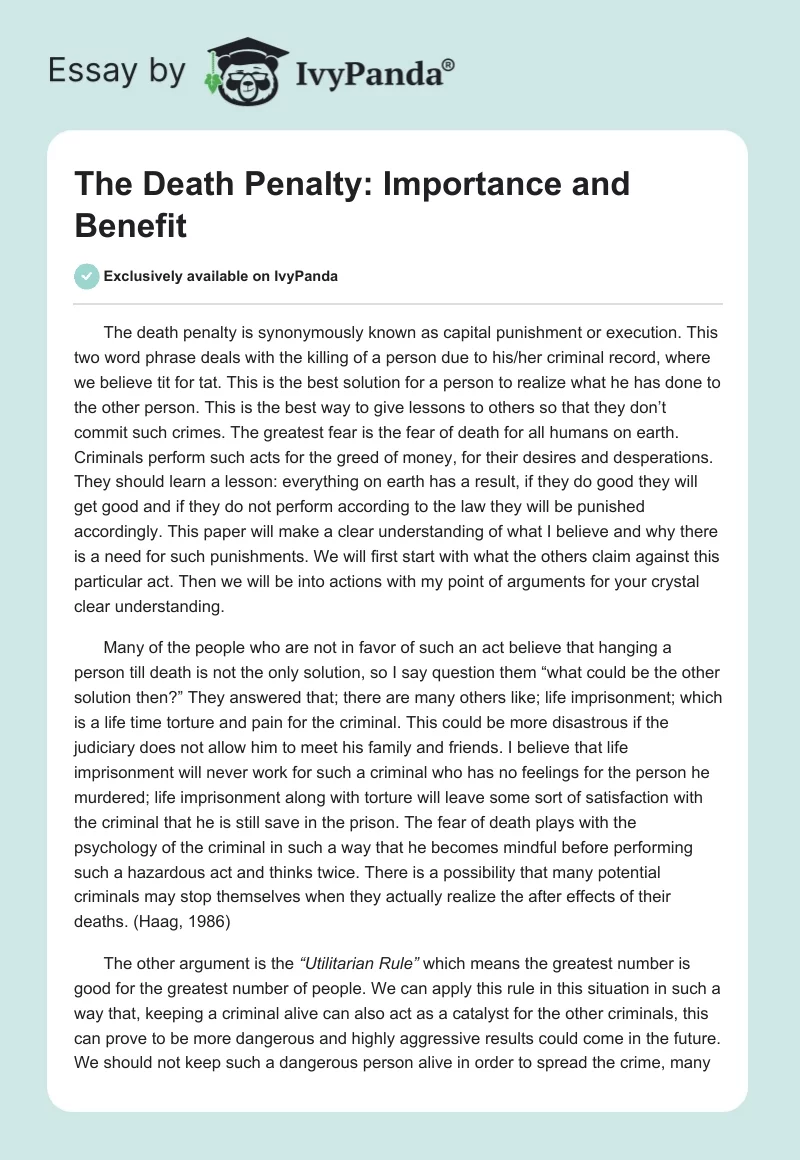 The Death Penalty: Importance and Benefit. Page 1