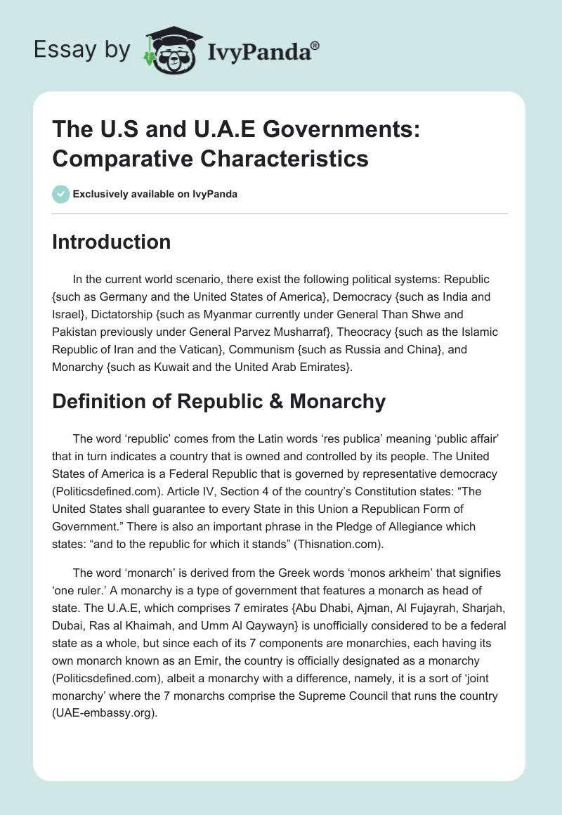 The U.S and U.A.E Governments: Comparative Characteristics. Page 1