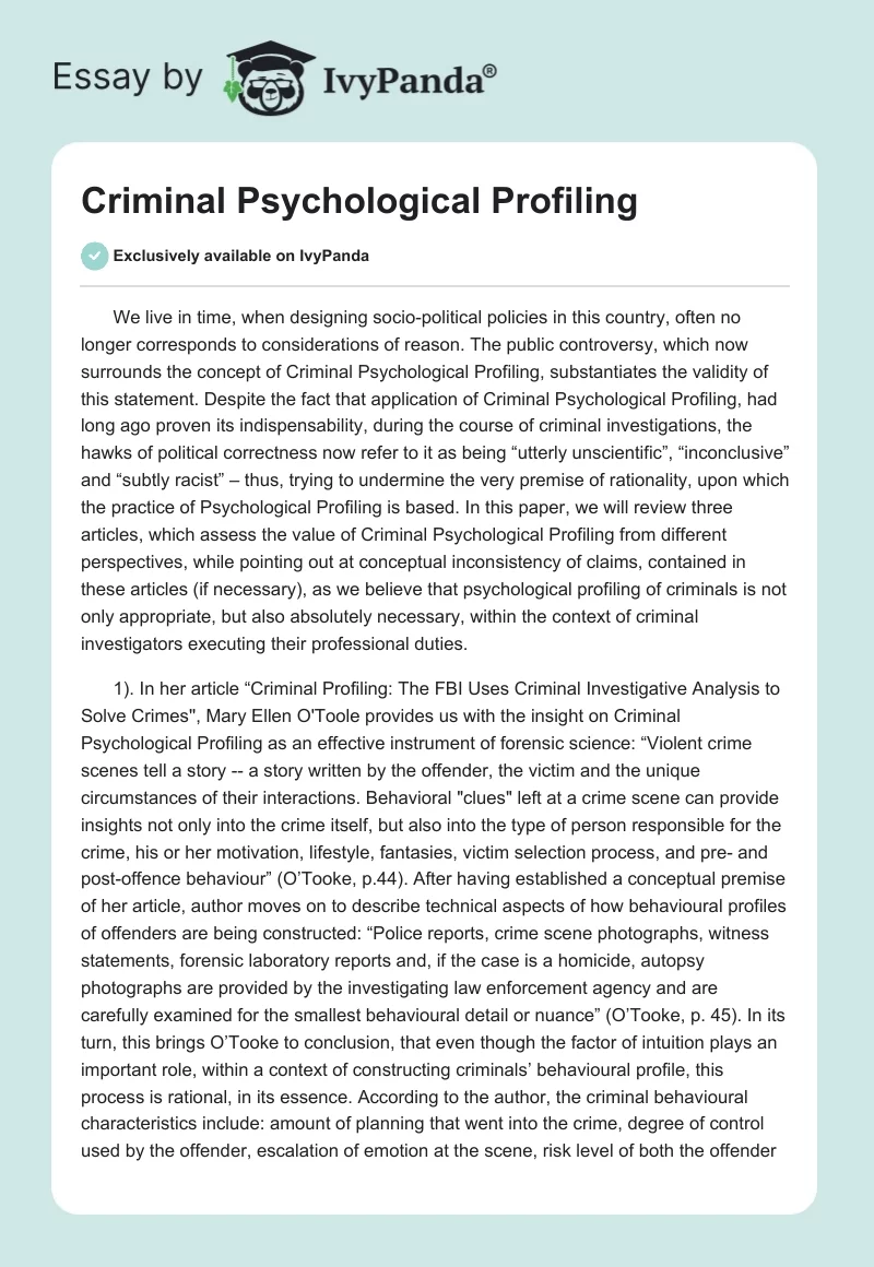Criminal Psychological Profiling. Page 1