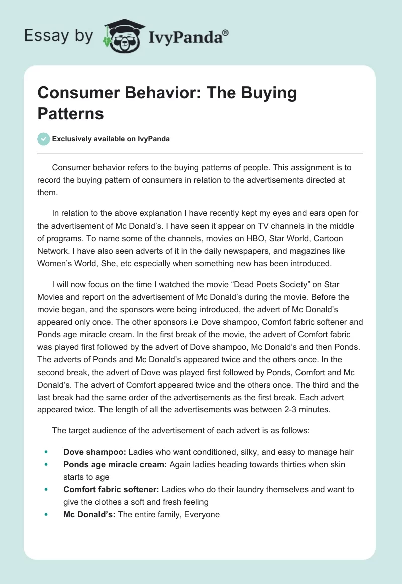 Consumer Behavior: The Buying Patterns. Page 1