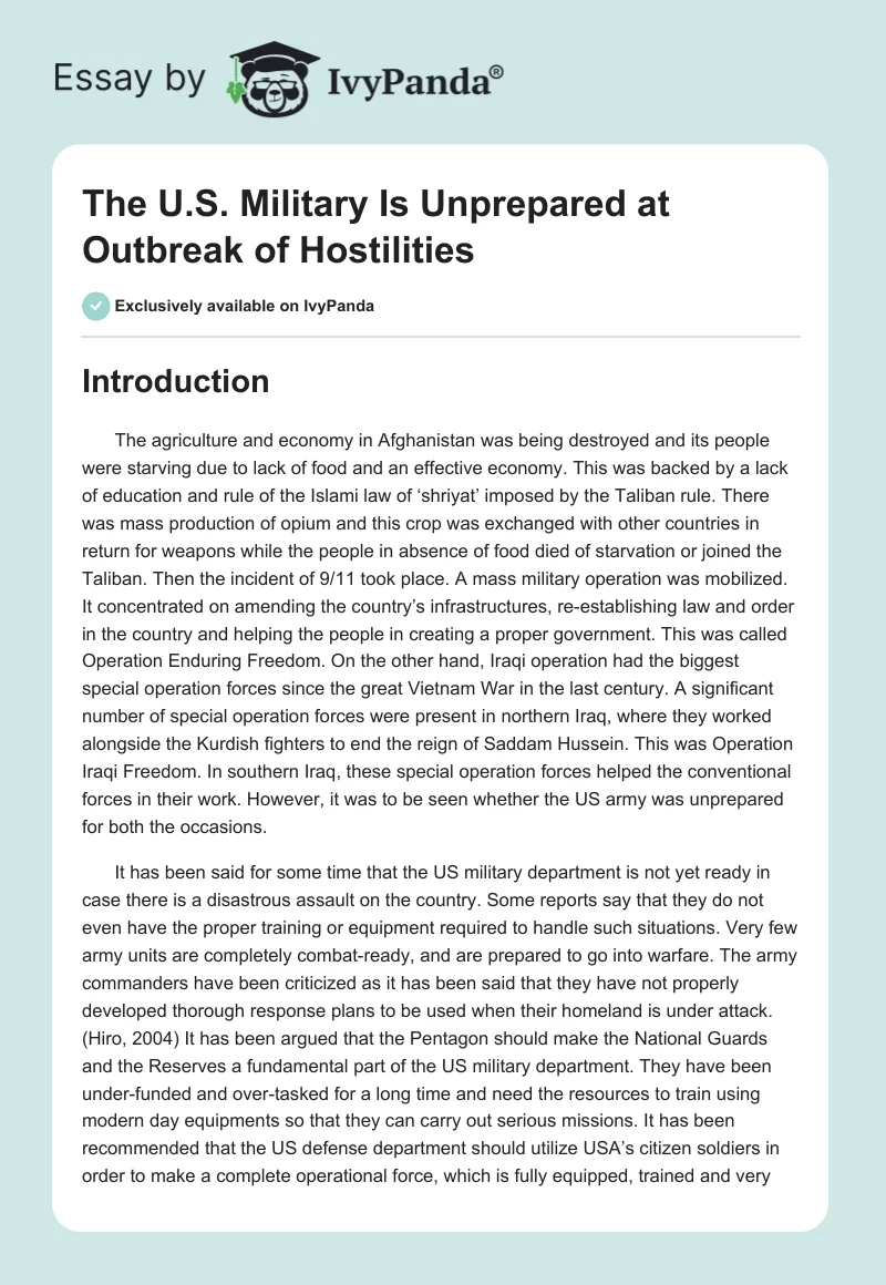 The U.S. Military Is Unprepared at Outbreak of Hostilities. Page 1