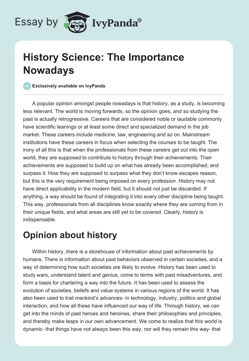 History Science: The Importance Nowadays. Page 1