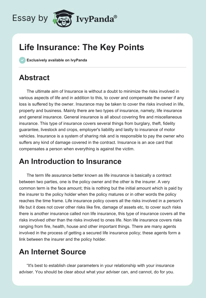 Life Insurance: The Key Points. Page 1
