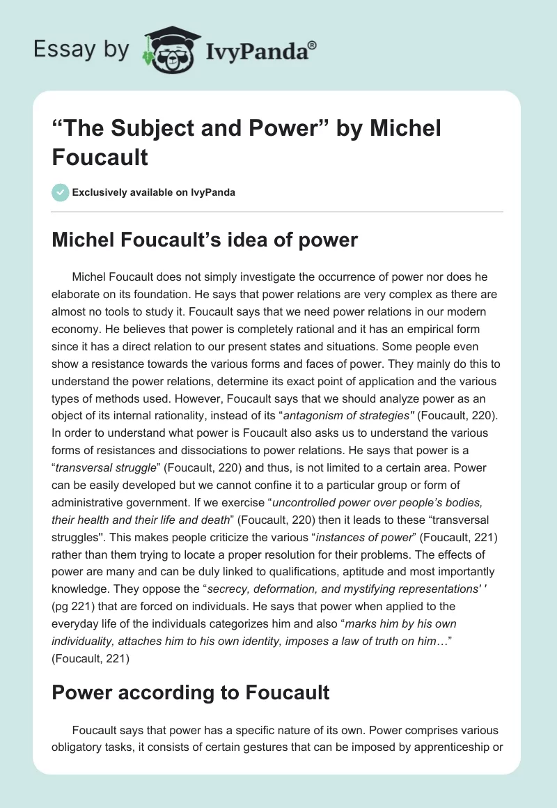 “The Subject and Power” by Michel Foucault. Page 1