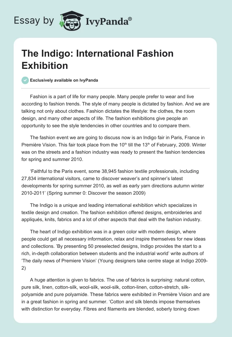 The Indigo: International Fashion Exhibition. Page 1