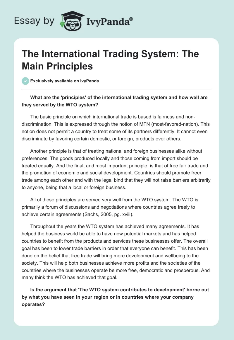 The International Trading System: The Main Principles. Page 1