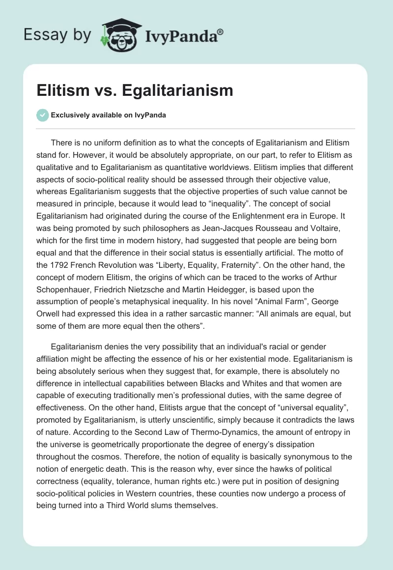 Elitism vs. Egalitarianism. Page 1