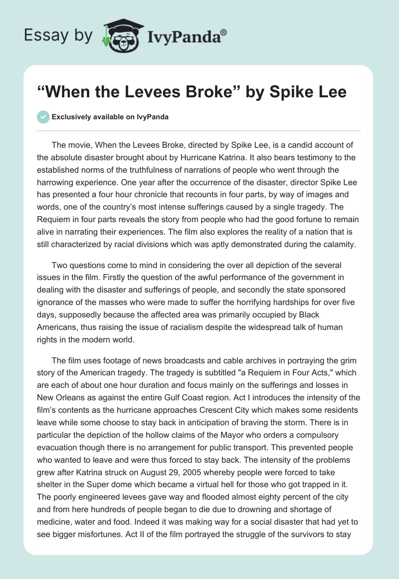 “When the Levees Broke” by Spike Lee. Page 1