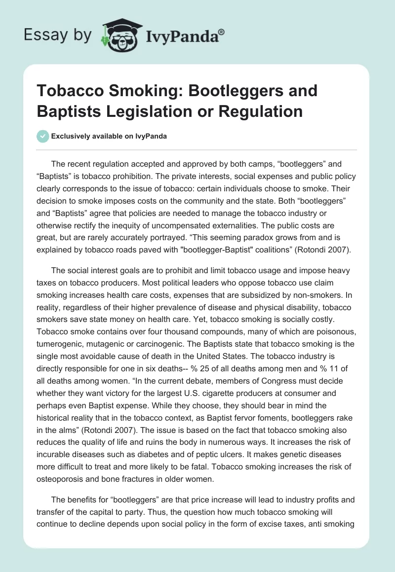 Tobacco Smoking: Bootleggers and Baptists Legislation or Regulation. Page 1